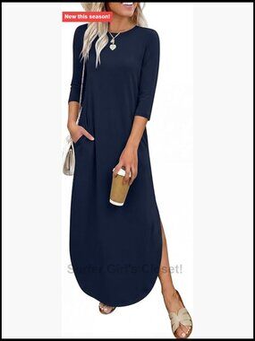 3/4 Sleeve Maxi Dress with Pockets Crewneck Split Casual Loose Travel Dress